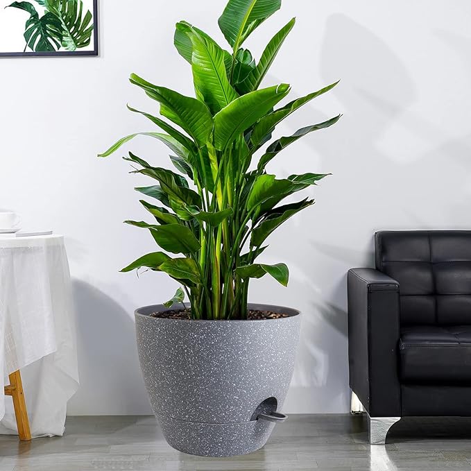 12 inch Large Self Watering Pots, Plastic Planters with 60oZ Removable Deep Reservoir and Multi Mesh Drainage Holes for Indoor Outdoor Garden Plants and Flowers, Grey Speckles-VerdiqueGarden