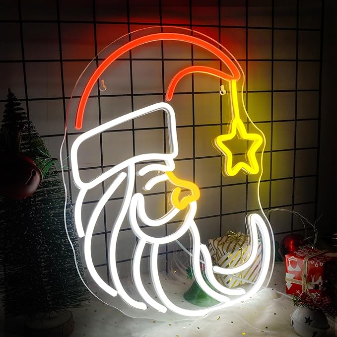 Moon Christmas Santa Neon Sign,Cute Anime Neon Light,Moon Star Neon Sign for Wall Decor,Red Christmas Hat USB Neon Light Sign for Party Store Living Room Bar Door Kids Bedroom Christmas Gift-VerdiqueGarden
