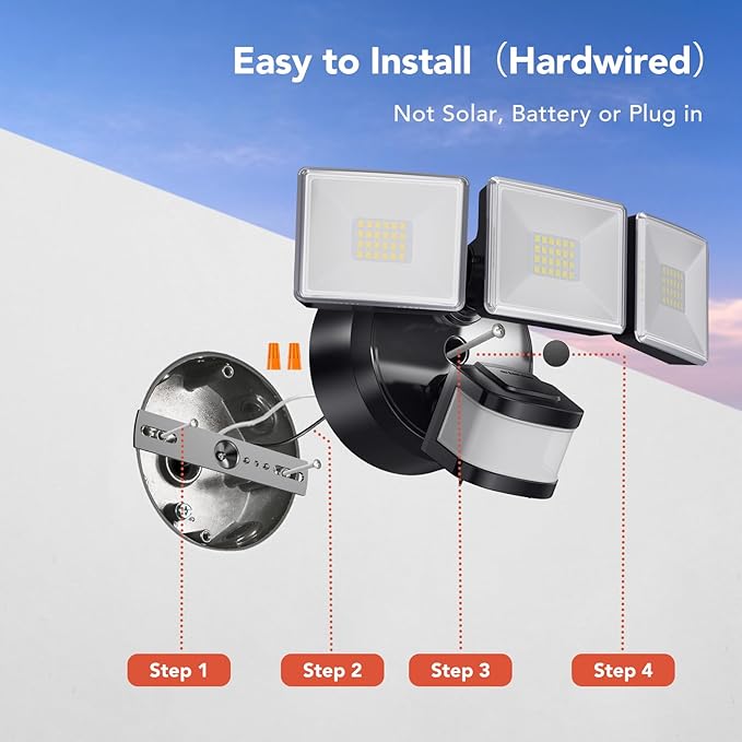 OREiN 2 Pack Motion Sensor Outdoor Lights, 4500LM/30W 180°/50FT Motion Sensor, Dusk to Dawn Flood Lights Outdoor IP65 Waterproof 3 Modes LED Security Light for Garage, Yard, Black (Hardwired)-VerdiqueGarden