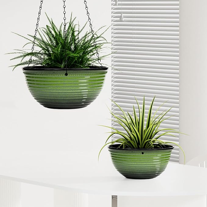 10 Inch Hanging Planter, 2 Pack Hanging Planters for Indoor Outdoor Plants Self Watering Hanging Pots with Drainage Holes for Garden Home (Green)-VerdiqueGarden