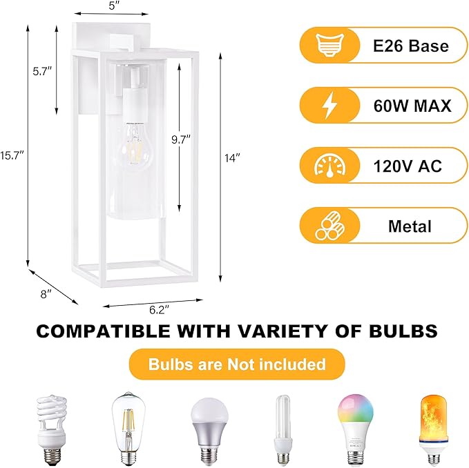15.7 Inch Outdoor Wall Lights, White Outdoor Wall Lantern with Square Clear Glass Shade, Waterproof Exterior Lighting Fixtures, Modern Front Porch Lighting for House, Garage, E26 Base, ETL Listed-VerdiqueGarden