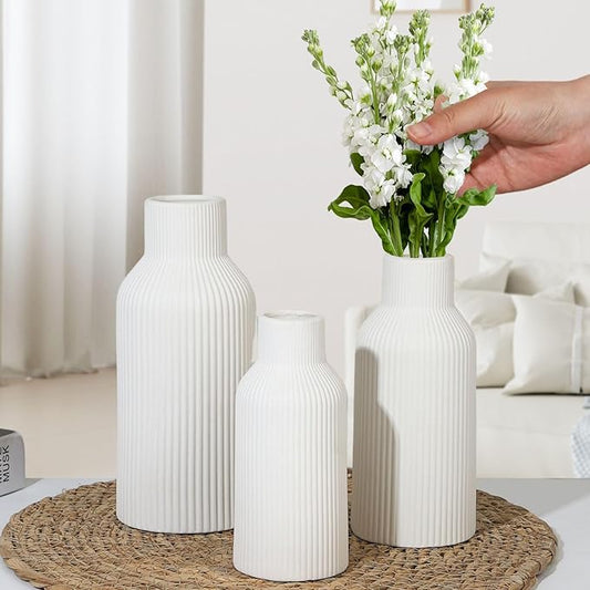Ceramic Vase Set of 3, White Vase for Modern Home Decor, Decorative Vases for Bouquet Pampas Grass Dried Flowers, Living Room, Bedroom, Bathroom, Shelf Centerpiece Table Decorations-VerdiqueGarden