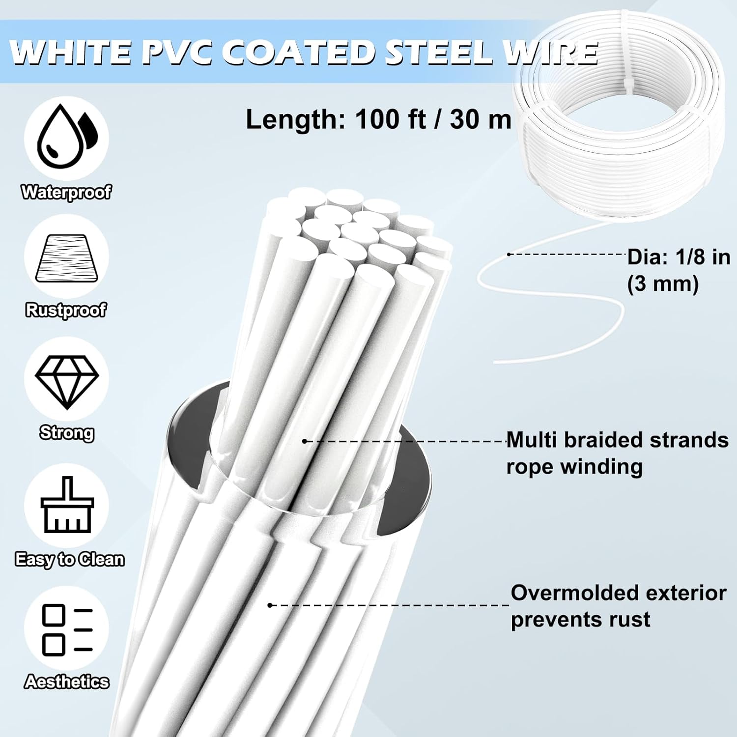 Turnbuckles for Cables Wire, 1/8" X 100Ft White PVC Coated Wire Rope Kit, Multi-use Steel Cable for Grape Vines/Clothes Line Outdoors for T Post/String Light Hanging/Garden Wire-VerdiqueGarden