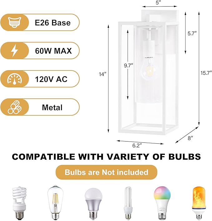 15.7 Inch Outdoor Wall Lights, Outdoor Wall Lantern with Circular Clear Glass Shade, Waterproof Exterior Lighting Fixtures, Modern Front Porch Lighting for House, Garage, E26 Base, ETL Listed, White-VerdiqueGarden