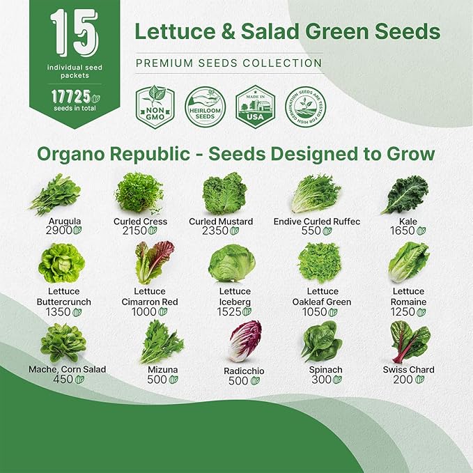 Organo Republic 15 Lettuce & Salad Greens Seeds Variety Pack 17700+ Non-GMO Heirloom Lettuce Seeds for Indoors & Outdoors Garden, Hydroponics, Aerogarden - Arugula, Kale, Spinach, Swiss Chard, Lettuce-VerdiqueGarden
