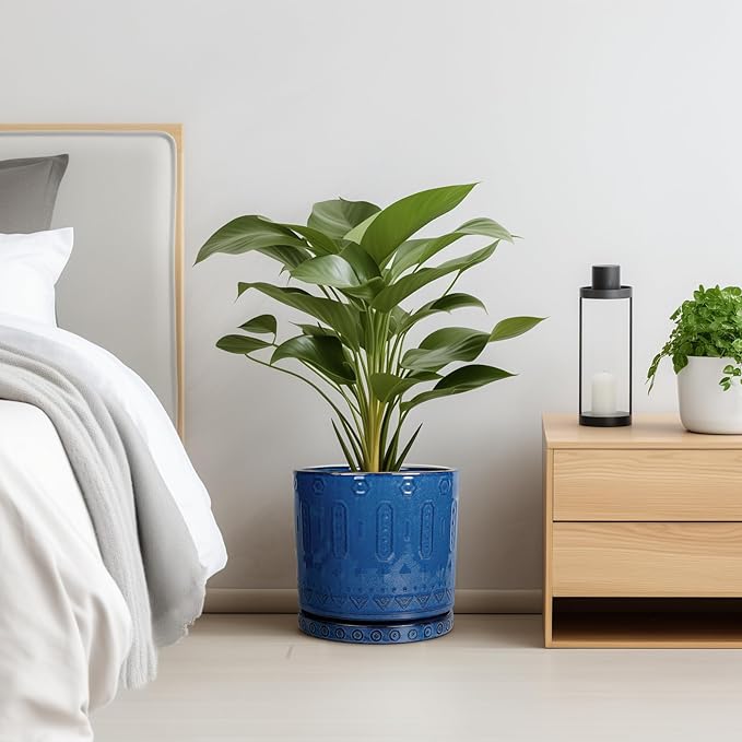 10 Inch Plant Pot - Ceramic Planter Outdoor Plant Pot Indoor with Drainage Holes and Saucer Large Flower Pot Round Decorative Planter for Garden Patio Decor Blue-VerdiqueGarden