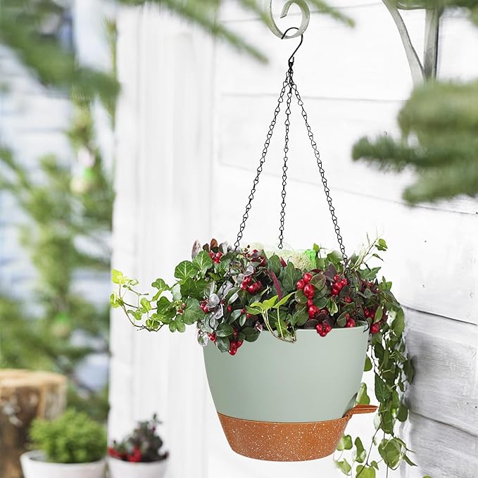 10/9/8 Inch Hanging Planter for Indoor Outdoor Plants, 3 Pack Self-Watering Hanging Pot with Drainage Holes Hanging Planter Baskets Plant Pots with Removable Tray (Green+Brown)-VerdiqueGarden