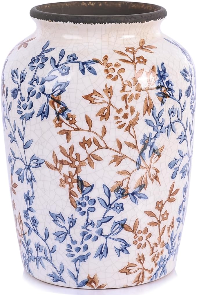 Vintage Vase for Flowers,Blue Chinoiserie Ceramic Vase,Rustic Farmhouse Cracked Vases,for Flower Arrangement,Living Room, Office, Shelf, Fireplace Tables,Centerpieces,Chinoiserie Pottery Decor(C)-VerdiqueGarden