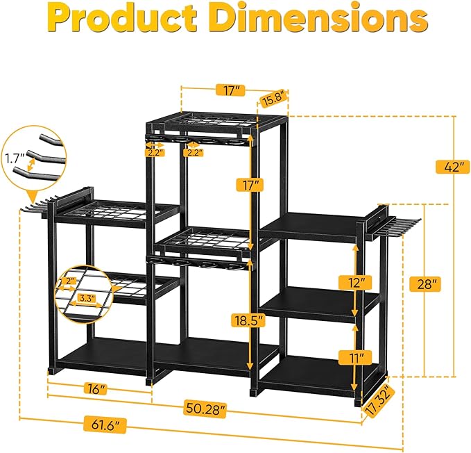 42" H Large Garden Tool Organizer, Holds Up to 86 Tools, Heavy Duty Yard Tool Organizer for Garage, 61“ Wide Lawn Freestanding Tool Storage Rack for Outdoor Shed Tool Rake, Shovel, Brooms-VerdiqueGarden