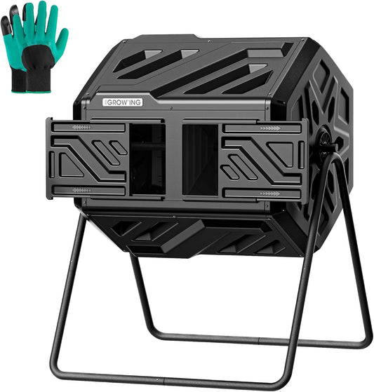 THEGROW'ING Updated 43 Gallon Compost Bin Outdoor, Fast Assemble Tumbling Composter, Dual Chamber Composter Tumbler, Rotating Compost Bin for Outside, Backyard, Garden and Yard, Black-VerdiqueGarden