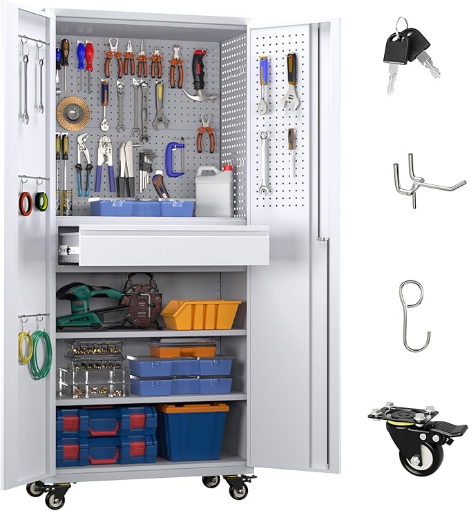 Garage Storage Cabinet with Locking Doors and 2 Adjustable Shelves, 71" H Metal Rolling Tool Storage Cabinet with Wheels, Drawer, Pegboard and 16 Hooks for Garage, Warehouse, White and Gray-VerdiqueGarden