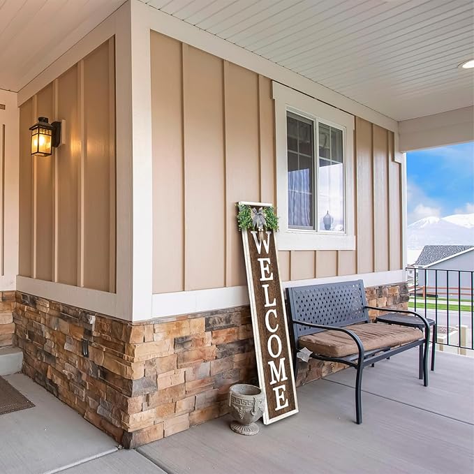 Surfapans Welcome Sign for Front porch Standing 45"X9"Large Wood Frame Outdoor Tall Welcome Signs Vertical Decor for Farmhouse Rustic Home Modern Outside Front Door Wall Decorations (White Wood)-VerdiqueGarden