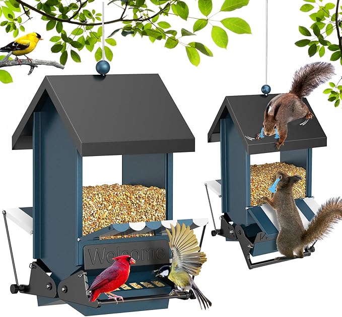Weight Activated Squirrel Proof Bird Feeder with Canopy | 5LB Large Capacity, Weather-Resistant Design | Attracts Finches, Cardinals & More for Outdoor Bird Watching-VerdiqueGarden