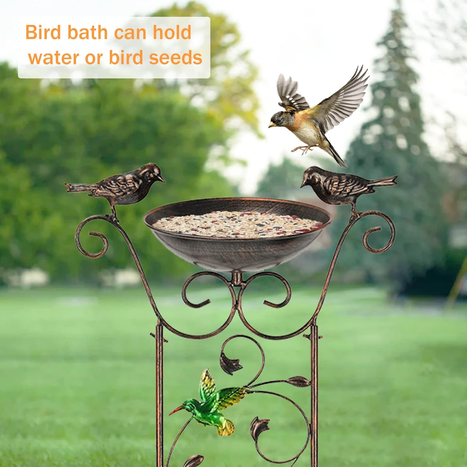 LEWIS&WAYNE Garden Trellis Bird Bath Outdoor, 40 Inch Antique Iron Garden Plant Trellis Decorative with Hummingbirds and Detachable Drinking Basin Bowl, Free Standing BirdBath Birdfeeder Station-VerdiqueGarden