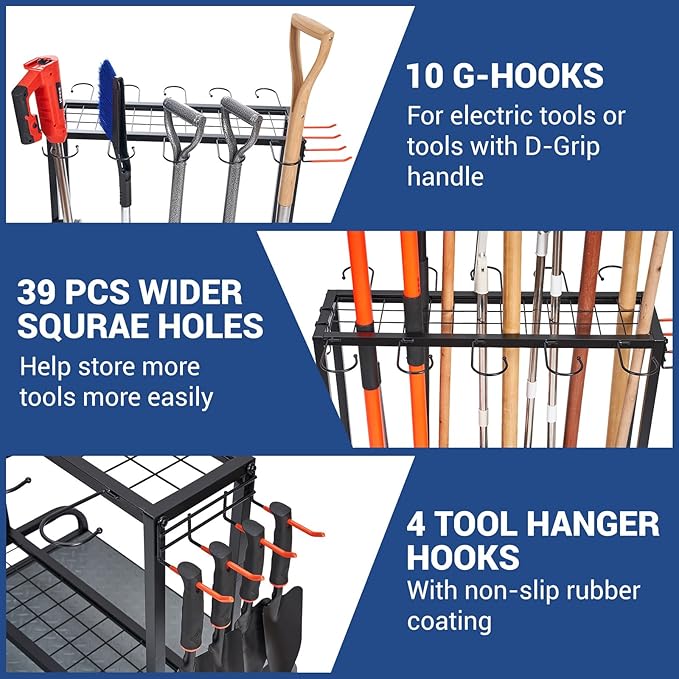 Garden Tool Organizer, Yard Tools Rack Holds 55 Long-Handled Tools/Rakes/Brooms for Garage Organization and Storage, Shed, Outdoor, Lawn, Heavy-Duty Steel, Black, Easy Assembly-VerdiqueGarden