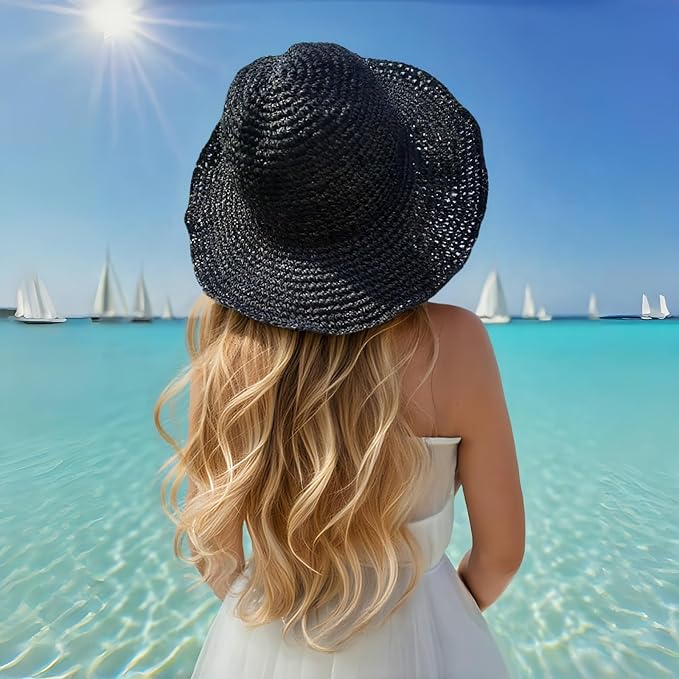 Floppy Big Beach Straw Hats for Women Foldable Summer Wide Brim Packable Sun Hat Womens Travel Straw Fedora Hat-VerdiqueGarden