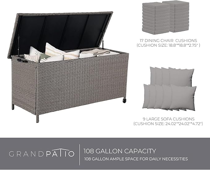 Grand patio 108 Gallon Deck Storage Box Indoor Outdoor Wicker Bin for Patio Furniture Cushions Garden Tools Pool Accessories, Greige-VerdiqueGarden