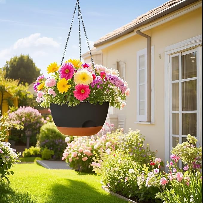 12 Inch Hanging Baskets for Plants Outdoor, Hanging Planters for Indoor Outdoor Plants, Hanging Planter with Self Watering, Hanging Flower Pots (Black)-VerdiqueGarden