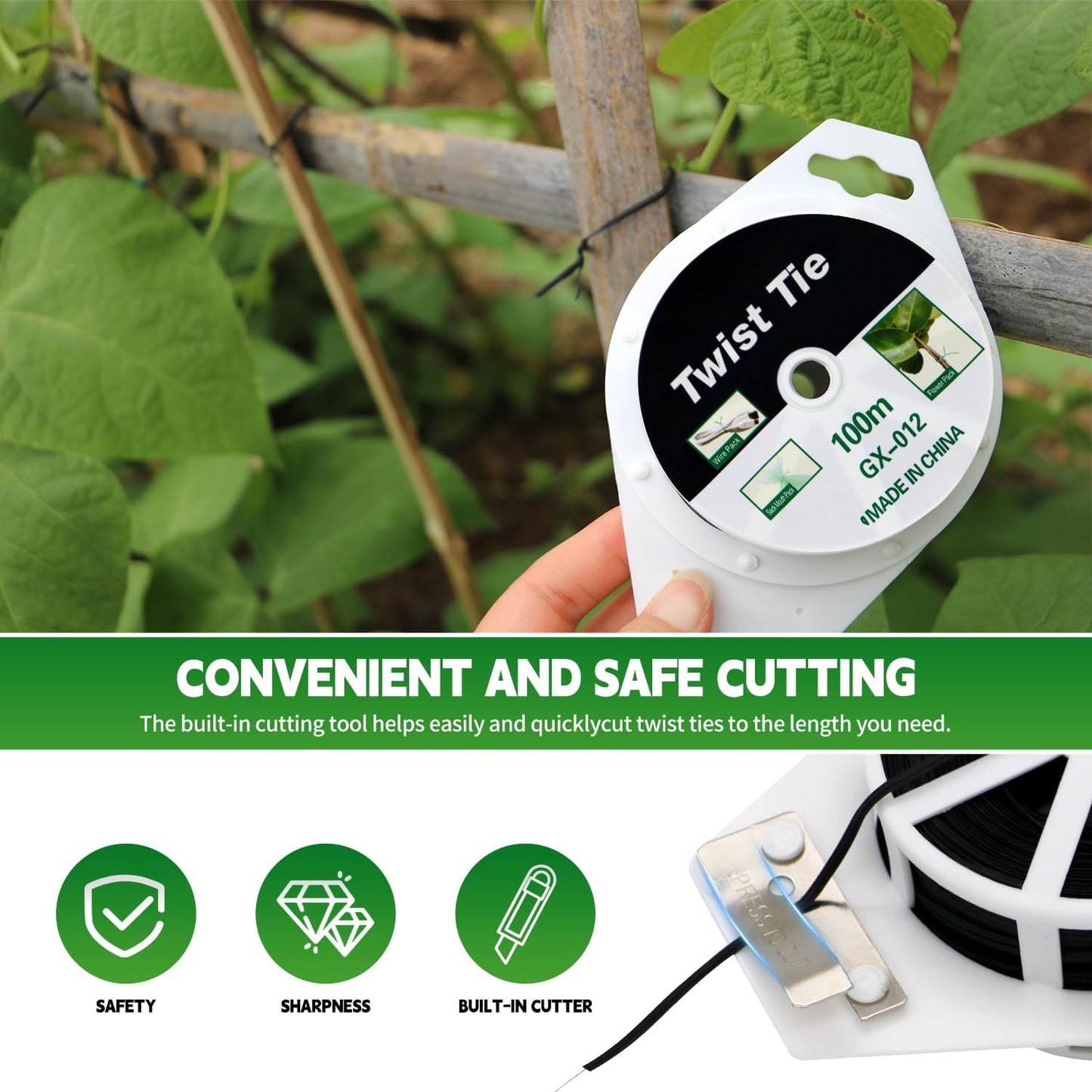 (2 Reels) Garden Wire, Twist Ties Heavy Duty with Cutter 328 Ft Multi-Function Black Coated Tape to Support Plant Tie Up Bags for Home Office Black(328 Feet / 100 m)-VerdiqueGarden