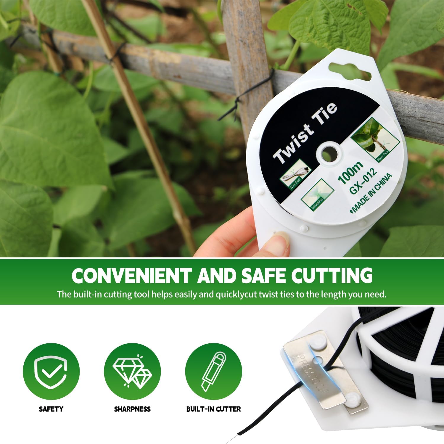 (2 Reels) Garden Wire, Twist Ties Heavy Duty with Cutter 328 Ft Multi-Function Black Coated Tape to Support Plant Tie Up Bags for Home Office Black(328 Feet / 100 m)-VerdiqueGarden