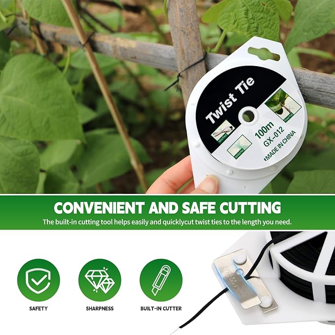 (2 Reels) Garden Wire, Twist Ties Heavy Duty with Cutter 328 Ft Multi-Function Black Coated Tape to Support Plant Tie Up Bags for Home Office Black(328 Feet / 100 m)