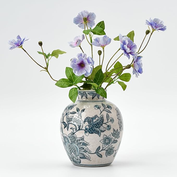 SIDUCAL Ceramic Chinoiserie Floral Vase | 6.3 Inch Blue and White Vintage | Retro Ice Cracked Blue and White Porcelain Vase for Table, Living Room, Bathroom Decoration, Shelf Decor, Mantel-VerdiqueGarden