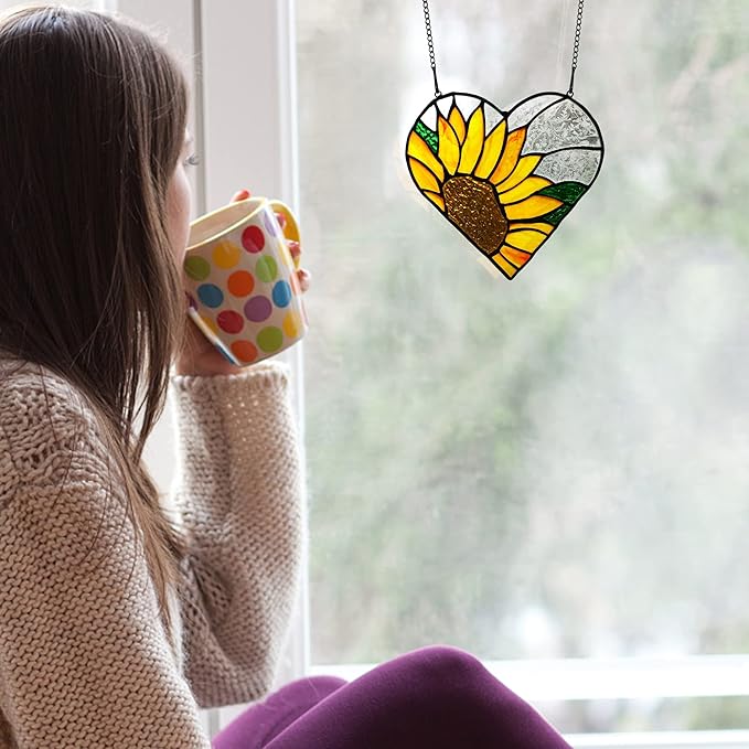 BOXCASA Sunflower Stained Glass Window Hangings,Sunflower Stained Glass Suncatcher,Heart Shape Sunflower Best Teacher Gifts for Women Birthday,Sunflower Decoration for Home Indoor Window-VerdiqueGarden