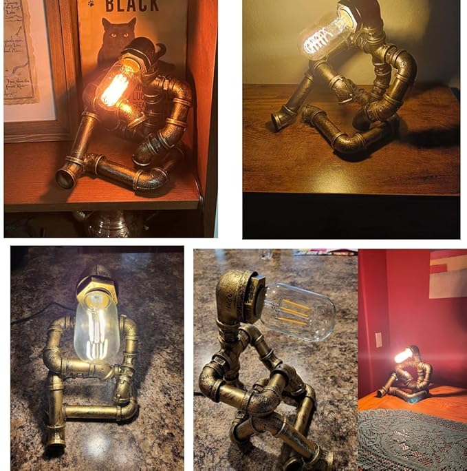Steampunk Table Robot Lamps with 2 Bulbs,Retro Industrial Robot Desk Lamps Water Pipe Light for Office,Bedroom,Living Room in Bronze-VerdiqueGarden