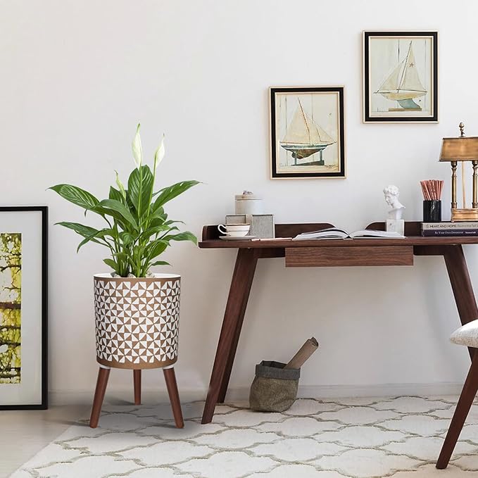 10 Inches Plant Pots with Wood Stand Large Modern Standing Planters for Indoor Mid Century Flower Pot with Drainage Holes Big White & Gold Planters for Living Room, Office, Garden or Balcony-VerdiqueGarden