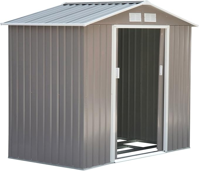 Outsunny 7' x 4' Outdoor Storage Shed, Garden Tool Metal Shed with Foundation Kit, Double Lockable Door, Air Vents and Sloping Roof, for Backyard, Patio, Lawn, Gray-VerdiqueGarden