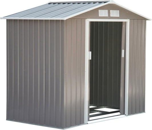 Outsunny 7' x 4' Outdoor Storage Shed, Garden Tool Metal Shed with Foundation Kit, Double Lockable Door, Air Vents and Sloping Roof, for Backyard, Patio, Lawn, Gray-VerdiqueGarden