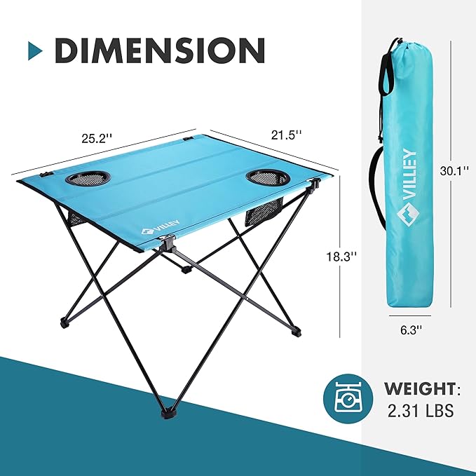 VILLEY Folding Camping Table, Lightweight Portable Beach Table with 2 Cup Holders & Carry Bag for Camping, Beach, Fishing, Travel, and Outdoor Activities (Large)-VerdiqueGarden