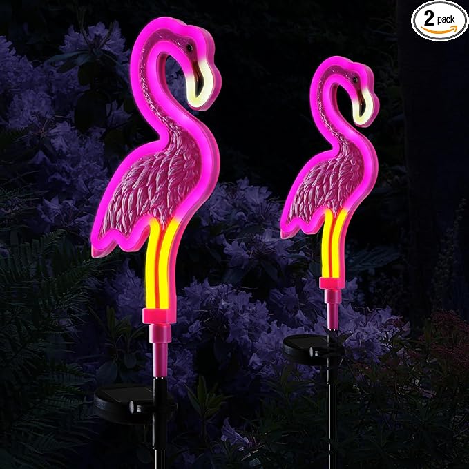 Flamingo Solar Lights Outdoor Decor,Solar Pink Flamingos Outdoor for Yard Decorations, Pink Neon Solar Flamingo Garden Lights for Outside,Pathways,Patio, Lawn, or Landscaping Decor(2Pack)-VerdiqueGarden