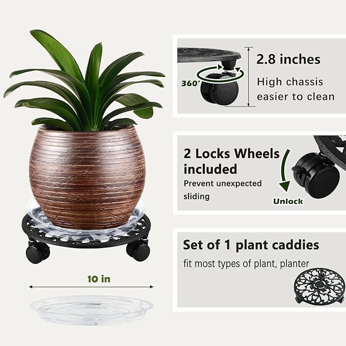 11 Inch Rolling Plant Stand with Wheels Wrought Iron Rolling Plant Stand with Casters Heavy Duty for Indoor Plants Rollers with Plant Saucers, Metal Round Plant Dolly 1 Pack-VerdiqueGarden