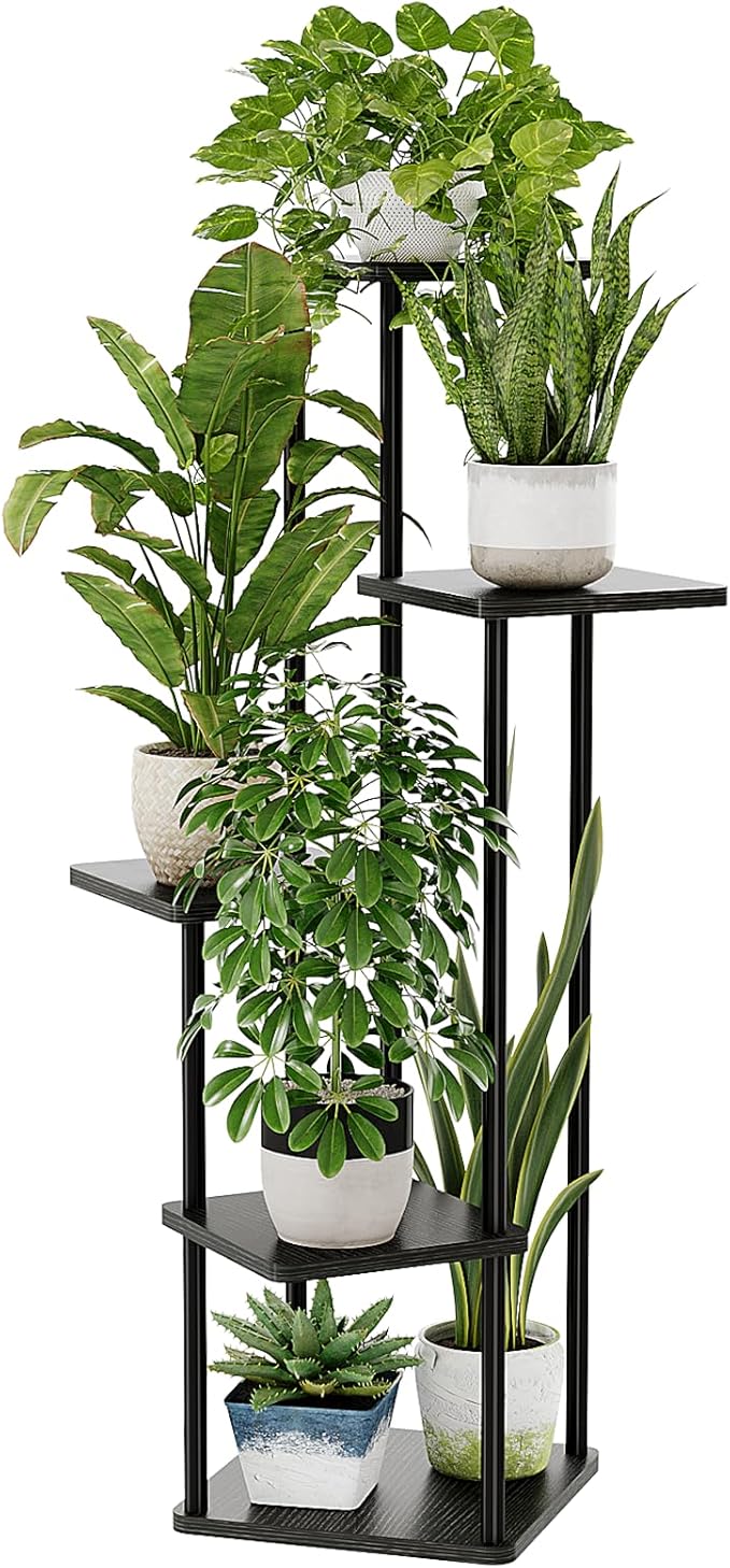 Bamworld Corner Plant Stand Indoor, 5 Tier Metal Plant Shelf for Multiple Plants, Tall Flower Stand for Patio Garden Balcony Living Room Bedroom(Black)-VerdiqueGarden