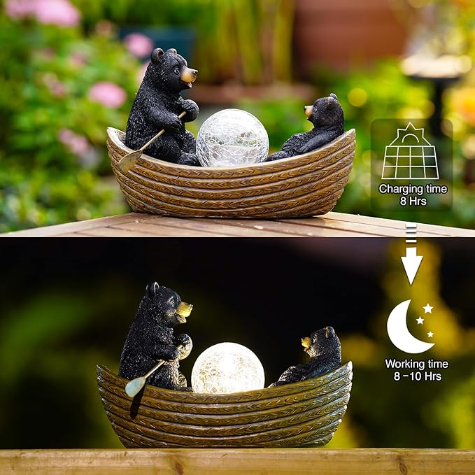 Goodeco Solar Bears Boating Statue - Waterproof Outdoor Bear Decor with Solar Gazing Ball Lights - Great Gift for Bear Lovers and Garden Enthusiasts - Ideal Gifts for Mom & Birthdays-VerdiqueGarden