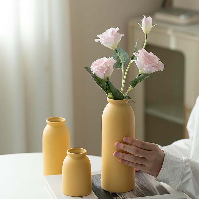 Ceramic Vase Set-3, Small Flower Vases for Decor, Modern Boho Farmhouse Style, Decorative Vases for Pampas Grass & Dried Flowers, Distressed Finish (Yellow)-VerdiqueGarden