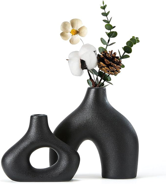 CEMABT Black Ceramic Vase Set of 2 for Modern Minimalist Bohemian Decor，Round Matte Donut Vases for Pampas Grass-Perfect for Living Room, Dining Table, Office Bedroom Shelf Decor Entryway, Console-VerdiqueGarden