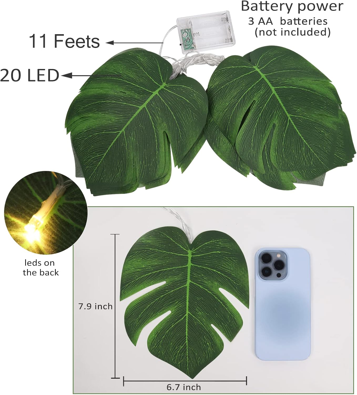 RECUTMS Artificial Tropical Palm Leaves String Lights, Large Size 20 LED Monstera Leaf Wall Hanging Vine Greenery,Outdoor Indoor Hawaiian Luau Jungle Beach Safari Baby Shower Party Spring Summer Decor-VerdiqueGarden