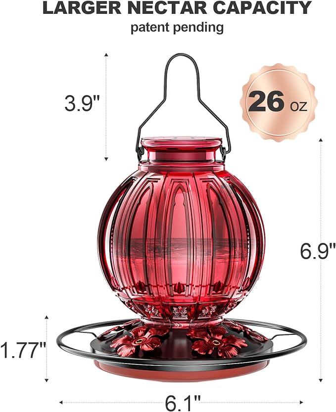 Glass Hummingbird Feeder for Outdoors Hanging, 26Oz Bird Nectar Feeder with Perch & 5 Flower Feeding Ports, Leak Proof for Outside Garden Decor Backyard, Gifts for Women Mom, Red-VerdiqueGarden