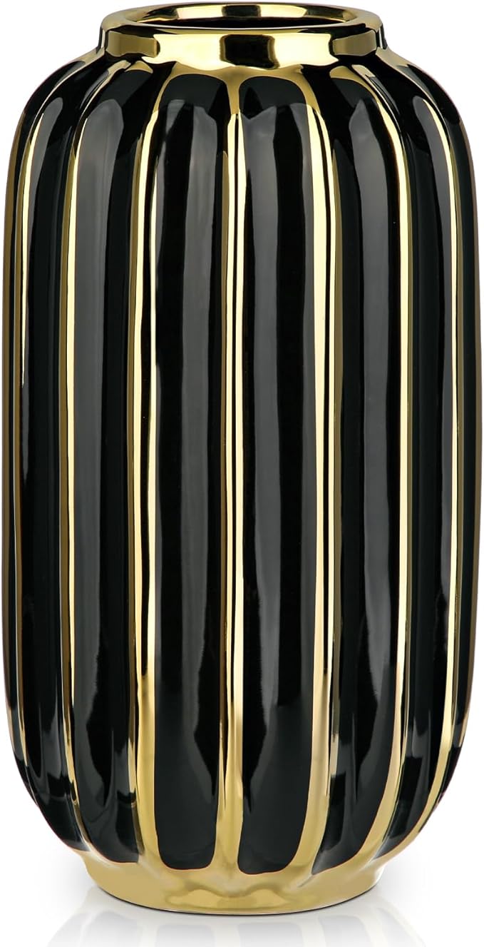 Briful Gold Plated Lantern Ceramic Vase Home Decor Creative Design Porcelain Decorative Flower Vase 11.02'' Black Ceramic Vases for Wedding Anniversary Decoration-VerdiqueGarden