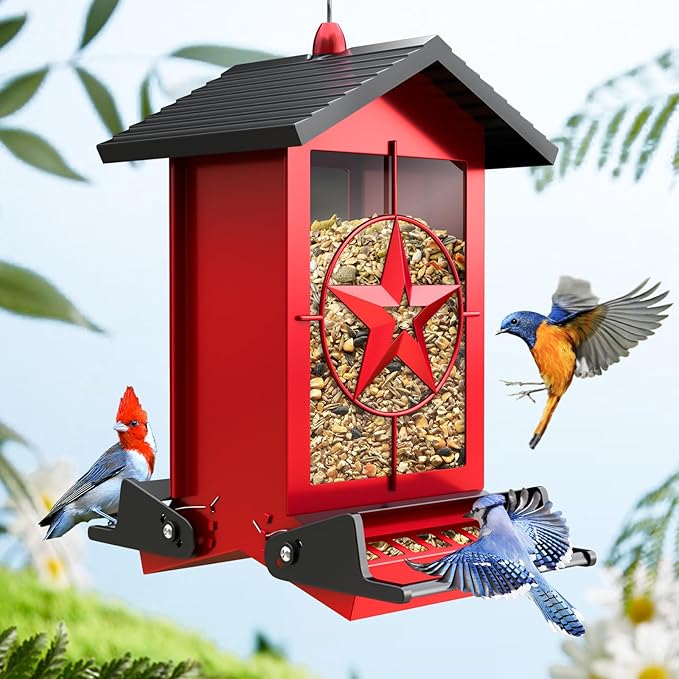 Squirrel Proof Bird Feeder for Outdoors Hanging, Metal Wild Bird Seed Feeder with Bilateral Weight-Activated Perches, 5LB Large Capacity Wild Bird Feeders for Outside Finch, Cardinal, Blue Jay-VerdiqueGarden
