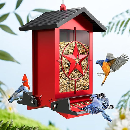 Squirrel Proof Bird Feeder for Outdoors Hanging, Metal Wild Bird Seed Feeder with Bilateral Weight-Activated Perches, 5LB Large Capacity Wild Bird Feeders for Outside Finch, Cardinal, Blue Jay-VerdiqueGarden