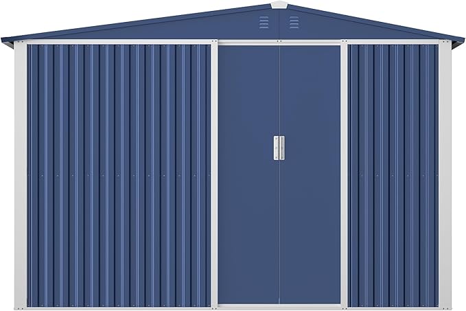 Metal Outdoor Storage Shed 10FT x 6FT with Firewood Storage, Steel Utility Tool Shed Storage House with Sliding Door, Metal Sheds Outdoor Storage for Backyard Garden Patio Lawn, Blue-VerdiqueGarden