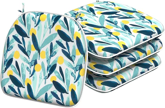 Indoor/Outdoor Chair Cushions 16x17 Inch, Patio Chair Cushions with Ties, All Weather Seat Cushions for Patio Furniture Home Garden Chair Use, Set of 4, Leaves Multi-VerdiqueGarden