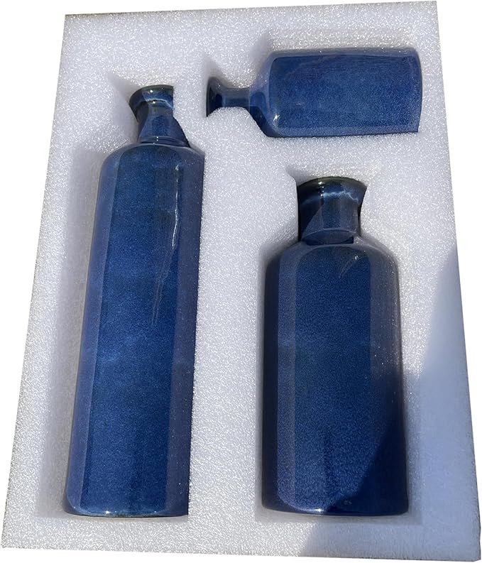 Blue Ceramic Vase Set of 3,Home Decorative Flower Vase,Small vase Set for Farmhouse Living Room Bedroom Tabletop Decor,Office Bookshelf Centerpiece Entrance Decoration-VerdiqueGarden