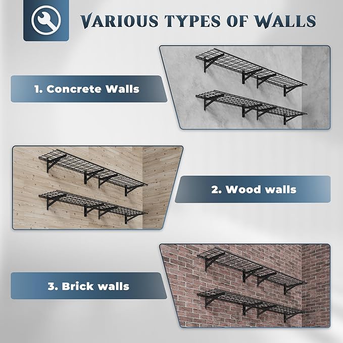 4 Pack Heavy Duty Garage Wall Shelving Set (1.5x4ft), Wall Mounted Garage Shelves 1000lbs Capacity, 18"x96" Shelf Storage Rack Floating Shelves, Black-VerdiqueGarden