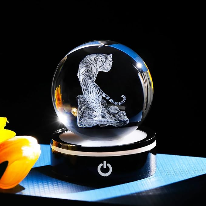 YWHL 3D Tiger Figurine Crystal Ball with Colorful Light Base, Tiger Gifts for Women Men, 3D Laser Engraved Full Sphere Glass Decorative Ball for Home Office (80mm)-VerdiqueGarden