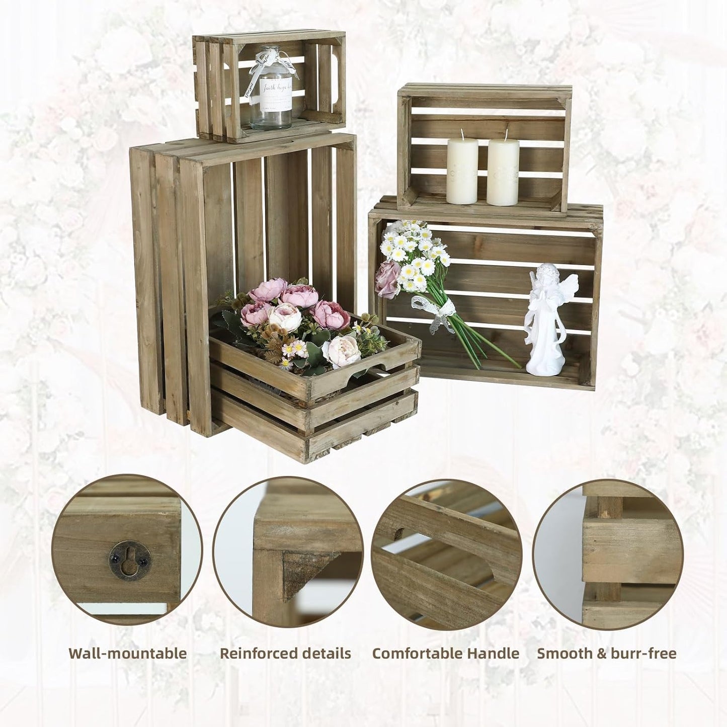 5-Piece Farmhouse Wooden Crate Set - Rustic Wooden Crates for Display and Storage, Large Grey Decorative Crates, Farmhouse Apple Crates, Painted Wood Crates for Decor-VerdiqueGarden