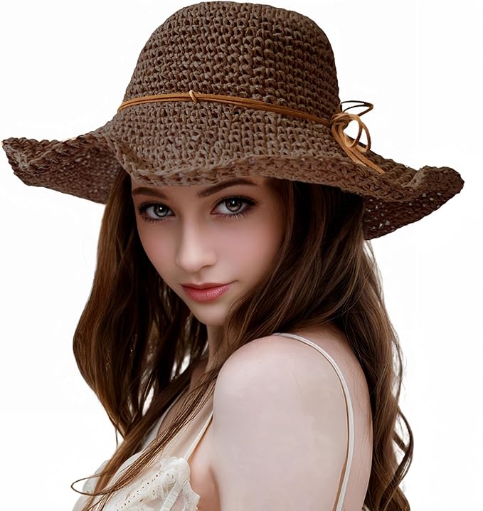 Womens Straw Beach Sun Hats, Foldable Packable Floppy Handmade Crochet Hats for Women,Large Summer Vacation Wide Brim Hat-VerdiqueGarden